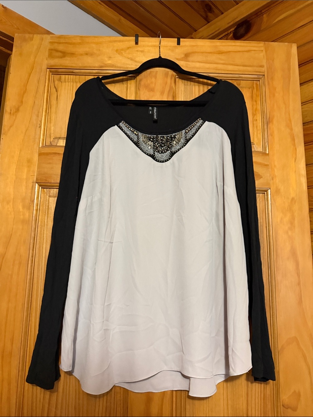 Maurices Black and Cream Long-Sleeve Raglan Top with Beaded Neckline